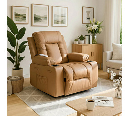 Fotel Masujący BOX Rozkładany z Podnóżkiem Karmelowy Ekoskóra