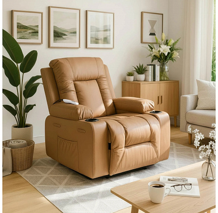 Fotel Masujący BOX Rozkładany z Podnóżkiem Karmelowy Ekoskóra