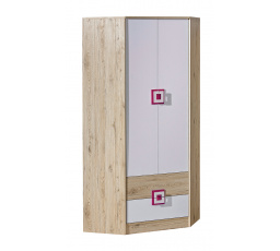 Rohová šatní skříň NICO 02, Světlý Dub/Bílá/Růžová