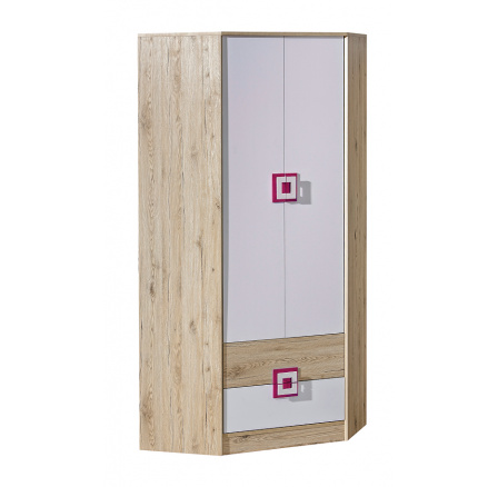 Rohová šatní skříň NICO 02, Světlý Dub/Bílá/Růžová