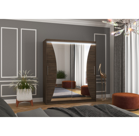 Tolóajtós szekrény, tükörrel és LED világítással CHARLOTTE 180 Choco+Choco