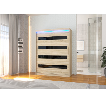 Tolóajtós szekrény lacobellel és LED világítással MARTINEZ 150 Sonoma+Fekete Lacobel