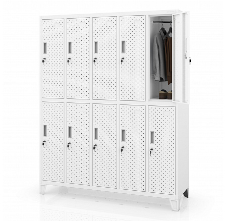 BHP öltözőszekrény, rekeszes, perforált, 10 rekesz, fehér, 1360x1720x450 mm: BARTEK PRO BHP öltözőszekrény, rekeszes, perforált, 10 rekesz, fehér, 1360x1720x450 mm: BARTEK PRO