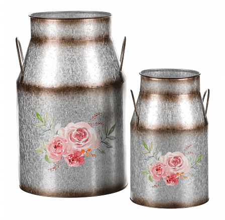 Kovová váza, sada 2ks. Design s růžemi. Kovová váza, sada 2ks. Design s růžemi.