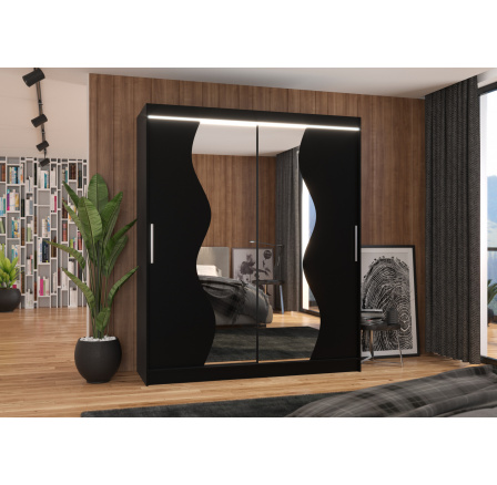 Tolóajtós szekrény tükörrel és LED világítással MEDISON 180, Fekete/Fekete