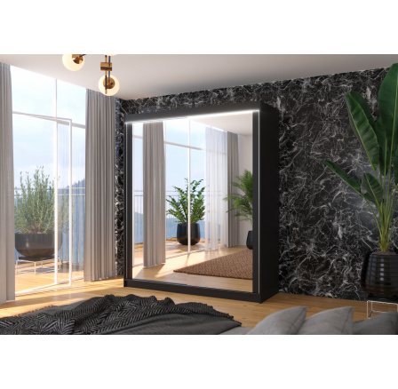 Tolóajtós szekrény tükörrel és LED világítással MORGAN 180 Fekete+Fekete