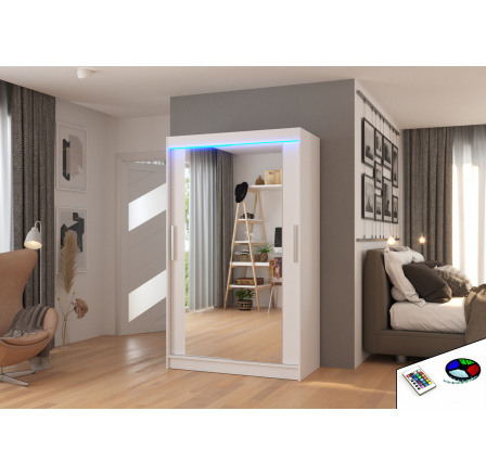 Tolóajtós szekrény tükörrel és LED világítással TIBAGO 120 Fehér+Fehér