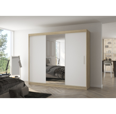 DENIS 250 tolóajtós és tükrös gardróbszekrény Sonoma+Fehér