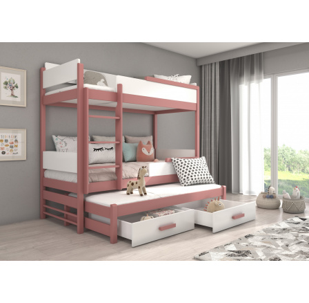 Háromszemélyes emeletes ágy matracokkal QUEEN 200x90 Rózsaszín+Fehér