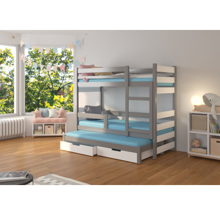 Háromszemélyes emeletes ágy matracokkal KARLO Szürke+Fehér