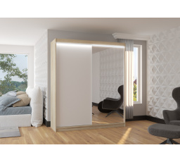 Tolóajtós gardróbszekrény, tükörrel és LED világítással VIKI 180 Sonoma+Fehér