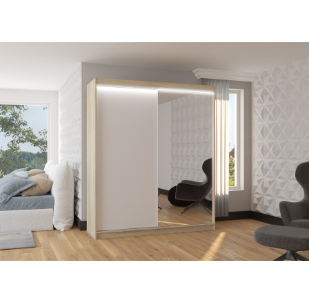 Tolóajtós gardróbszekrény, tükörrel és LED világítással VIKI 180 Sonoma+Fehér