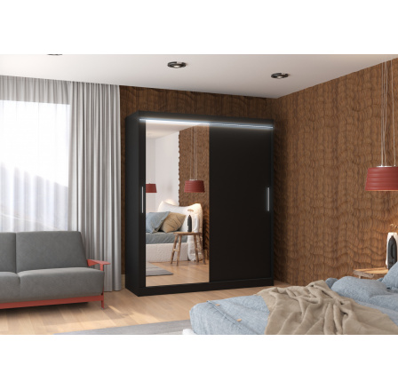 Tolóajtós szekrény tükörrel és LED világítással TOM 180 Fekete+Fekete