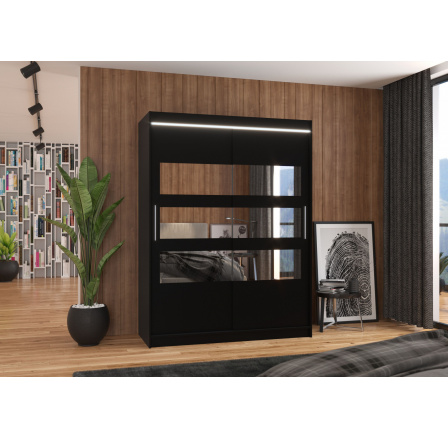 Tolóajtós szekrény tükörrel és LED világítással FLORENTO 150 Fekete+Fekete