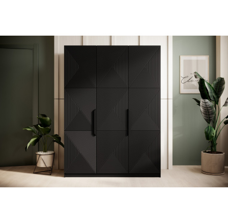 Trzydrzwiowa szafa Asha z metalowymi uchwytami 150 cm - czarny mat / czarne uchwyty