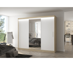 Tolóajtós szekrény tükörrel és LED világítással DENIS 250 Sonoma+Fehér