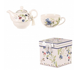 Teáskanna csészével - ajándékszett dobozban, porcelán, fehér erdei gyümölcsökkel