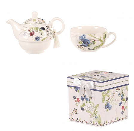 Teáskanna csészével - ajándékszett dobozban, porcelán, fehér erdei gyümölcsökkel Teáskanna csészével - ajándékszett dobozban, porcelán, fehér erdei gyümölcsökkel