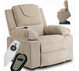 Fotel Masujący Elektrycznie Rozkładany FENIX z Funkcją Wstawania Beżowy Sztruksowy
