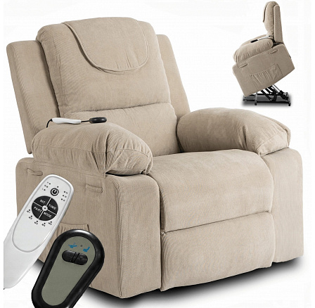 Fotel Masujący Elektrycznie Rozkładany FENIX z Funkcją Wstawania Beżowy Sztruksowy