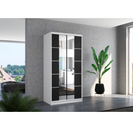 Tolóajtós és tükörrel ellátott ruhásszekrény KSAWER 100 Fehér+Fekete
