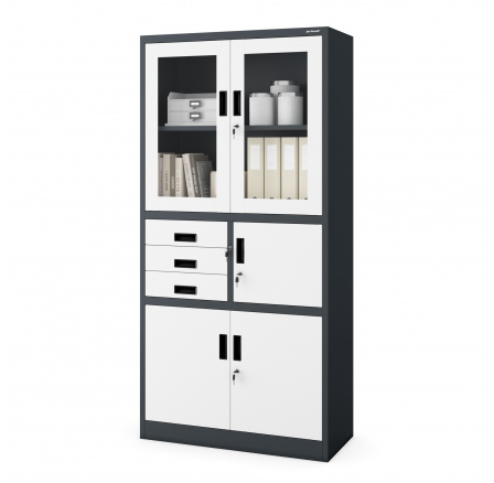 Irodai fém szekrény iratok és dokumentumok számára széffel FILIP, 900 x 1850 x 400 mm, antracit-fehér