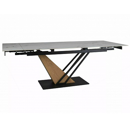 GENESIS étkezőasztal 180(240)x90 cm, Fehér márvány hatás/Tölgy/Fekete matt