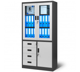 WIOLA irodai üvegezett fém iratszekrény fiókokkal, 900 x 1850 x 400 mm, antracit-fehér