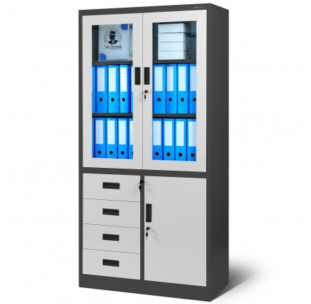 WIOLA irodai üvegezett fém iratszekrény fiókokkal, 900 x 1850 x 400 mm, antracit-fehér