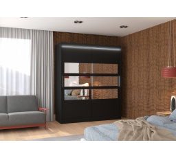 Tolóajtós szekrény tükörrel és LED világítással TOLEDO 180 Fekete+Fekete