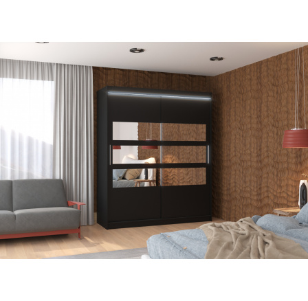 Tolóajtós szekrény tükörrel és LED világítással TOLEDO 180 Fekete+Fekete