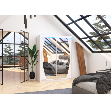 Tolóajtós szekrény tükörrel és LED világítással ALEN 150 Fehér+Fehér