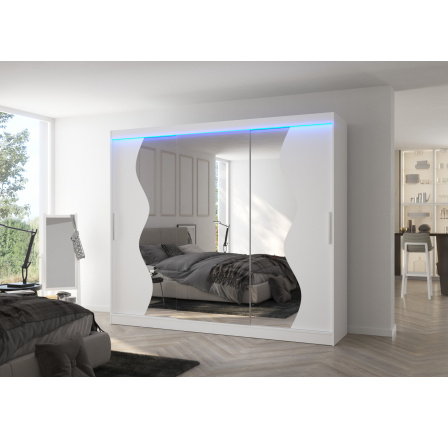 Tolóajtós szekrény tükörrel és LED világítással SHARON 250 Fehér+Fehér