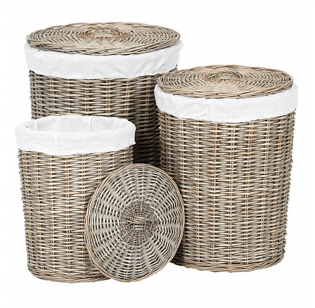 Koš proutěný - prádelní, s víkem, šedý, cena za sadu 3 ks