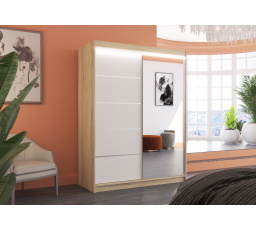 Tolóajtós szekrény tükörrel és LED világítással LIMBO 150 Sonoma+Fehér