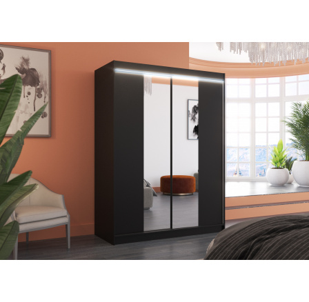 Tolóajtós szekrény tükörrel és LED világítással FEVER 150 Fekete+Fekete