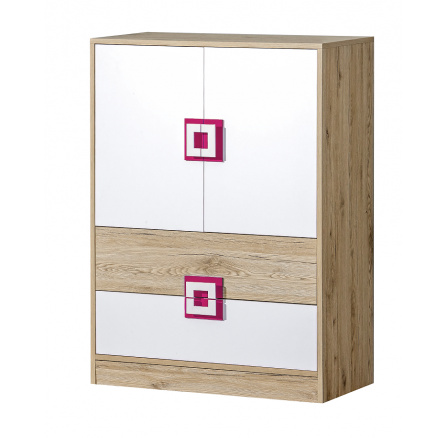 Komoda NICO 09, Světlý Dub/Bílá/Růžová