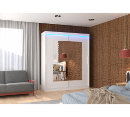 Tolóajtós szekrény tükörrel és LED világítással ROSETTE 180 Fehér+Fehér