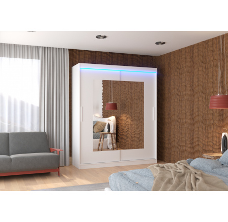 Tolóajtós szekrény tükörrel és LED világítással ROSETTE 180 Fehér+Fehér