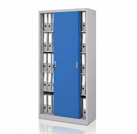 Irodai fém szekrény tolóajtókkal szürke-kék: KUBA 900 x 1850 x 400 mm Irodai fém szekrény tolóajtókkal szürke-kék: KUBA 900 x 1850 x 400 mm