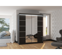 Tolóajtós szekrény tükörrel és LED világítással TRAVES 180 Fekete+Fekete