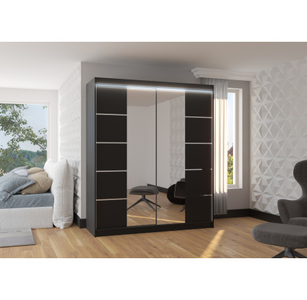 Tolóajtós szekrény tükörrel és LED világítással TRAVES 180 Fekete+Fekete