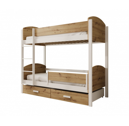 Gyerek Emeletes Ágy Jori korláttal 200x90 Fehér+Fenyő