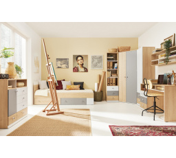 PIXEL-C gyerekszoba 120x200 cm-es ággyal, Keksz Tölgy/Fehér Lux/Szürke