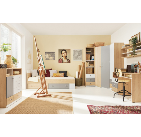 PIXEL-C gyerekszoba 120x200 cm-es ággyal, Keksz Tölgy/Fehér Lux/Szürke