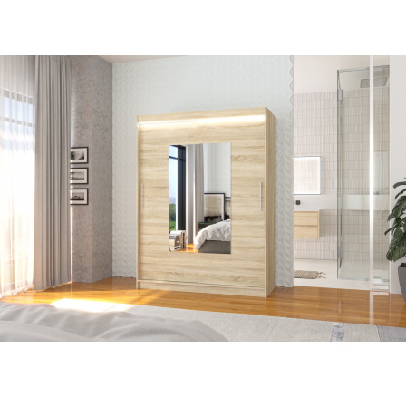 Tolóajtós szekrény tükörrel és LED világítással DORRIGO 150 Sonoma+Sonoma