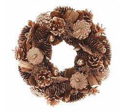 Karácsonyi koszorú - átm. 30 cm, tobozok, ágak, bogyók, arany színű