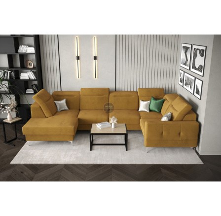 NAROŻNIK MALIBU MAX II Z FUNKCJĄ SPANIA I FUNKCJĄ RELAX 180x350x182 CM - Odcienie żółtego , Strona prawa