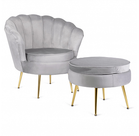 Fotel GRAND z Podnóżkiem Szary Welurowy