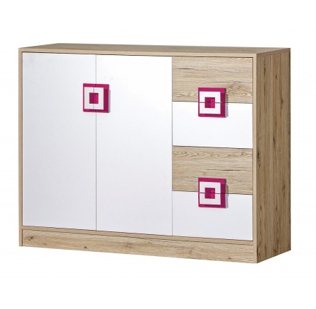 Komoda NICO 08, Světlý Dub/Bílá/Růžová